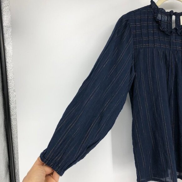 Anthropologie Maeve Reston Blouse Navy Blue w Copper  Vertical Stripes size XS - Picture 15 of 16